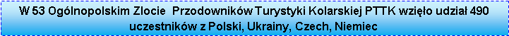 Pole tekstowe: W 53 Oglnopolskim Zlocie  Przodownikw Turystyki Kolarskiej PTTK wzio udzia 490  uczestnikw z Polski, Ukrainy, Czech, Niemiec